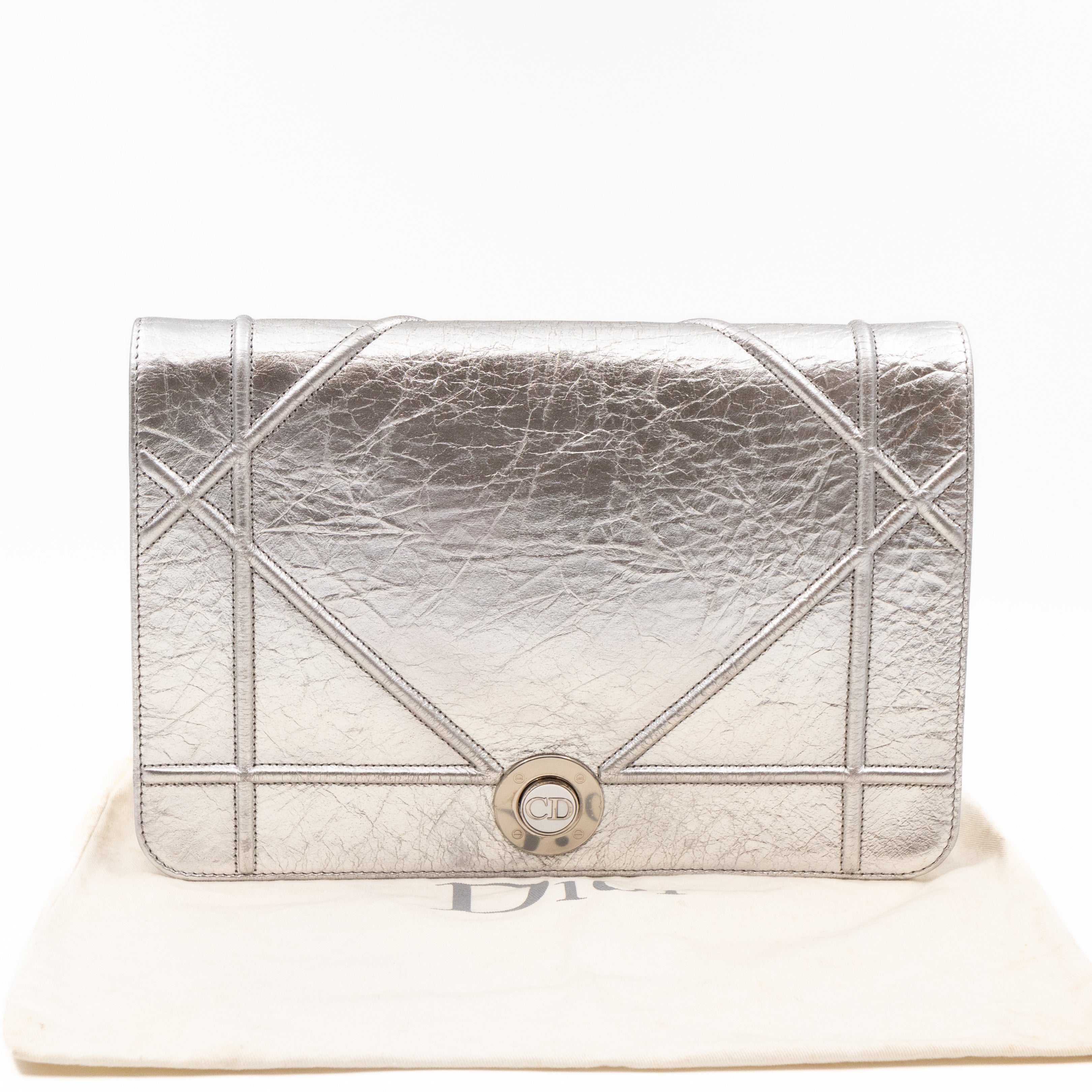 Diorama Clutch Metallic Silver Calfskin Leather