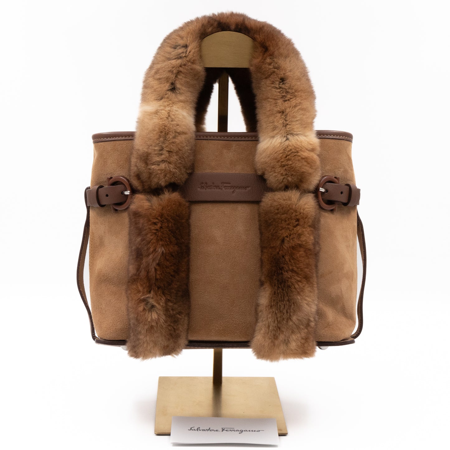 Gancini Mink Fur Handbag Brown Suede Leather