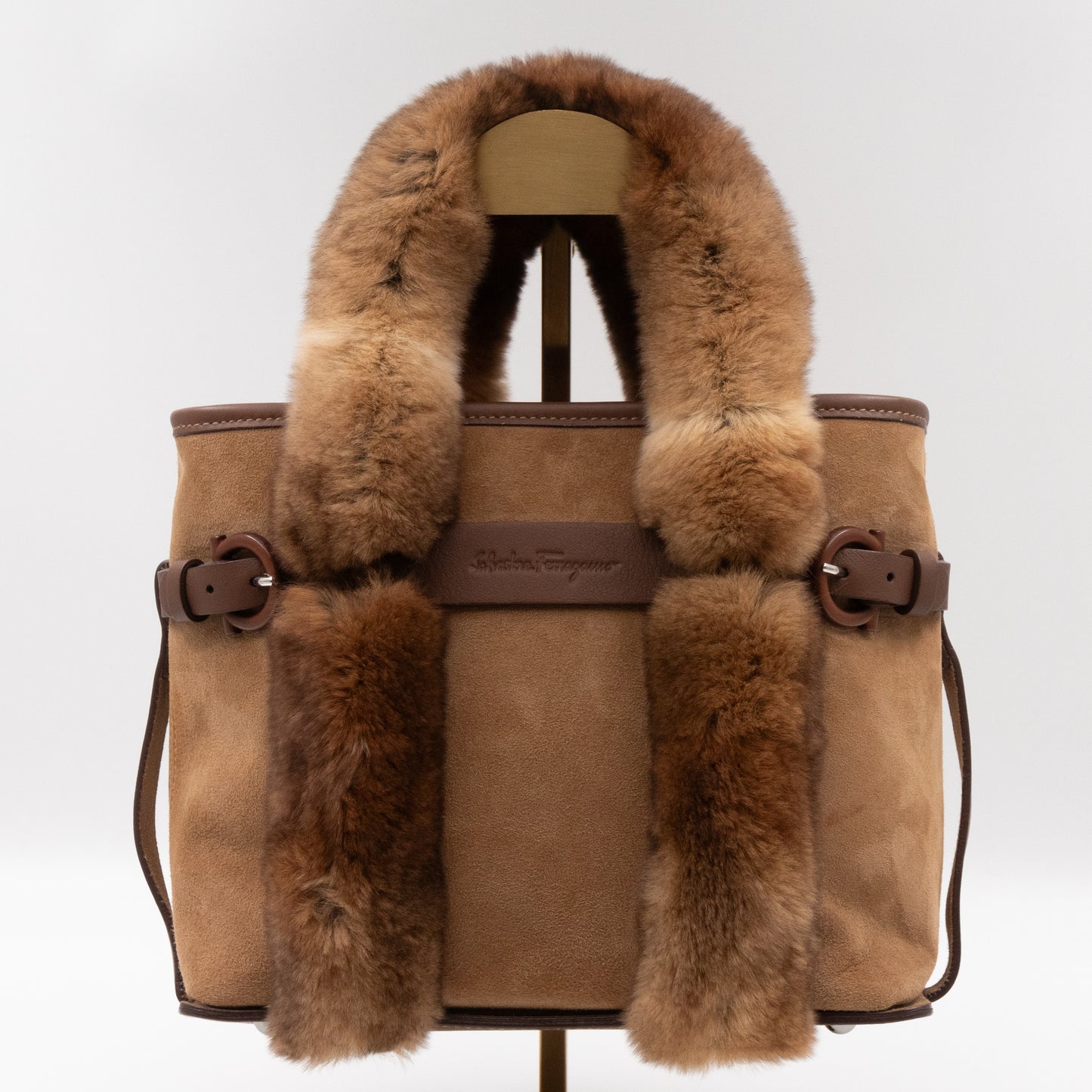 Gancini Mink Fur Handbag Brown Suede Leather