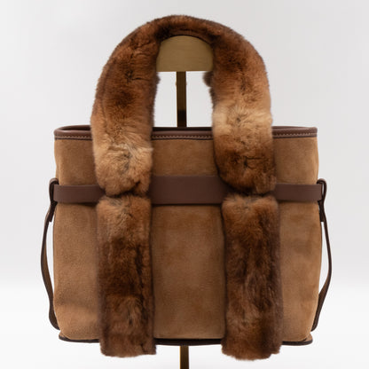 Gancini Mink Fur Handbag Brown Suede Leather