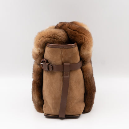 Gancini Mink Fur Handbag Brown Suede Leather