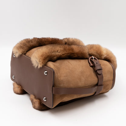 Gancini Mink Fur Handbag Brown Suede Leather