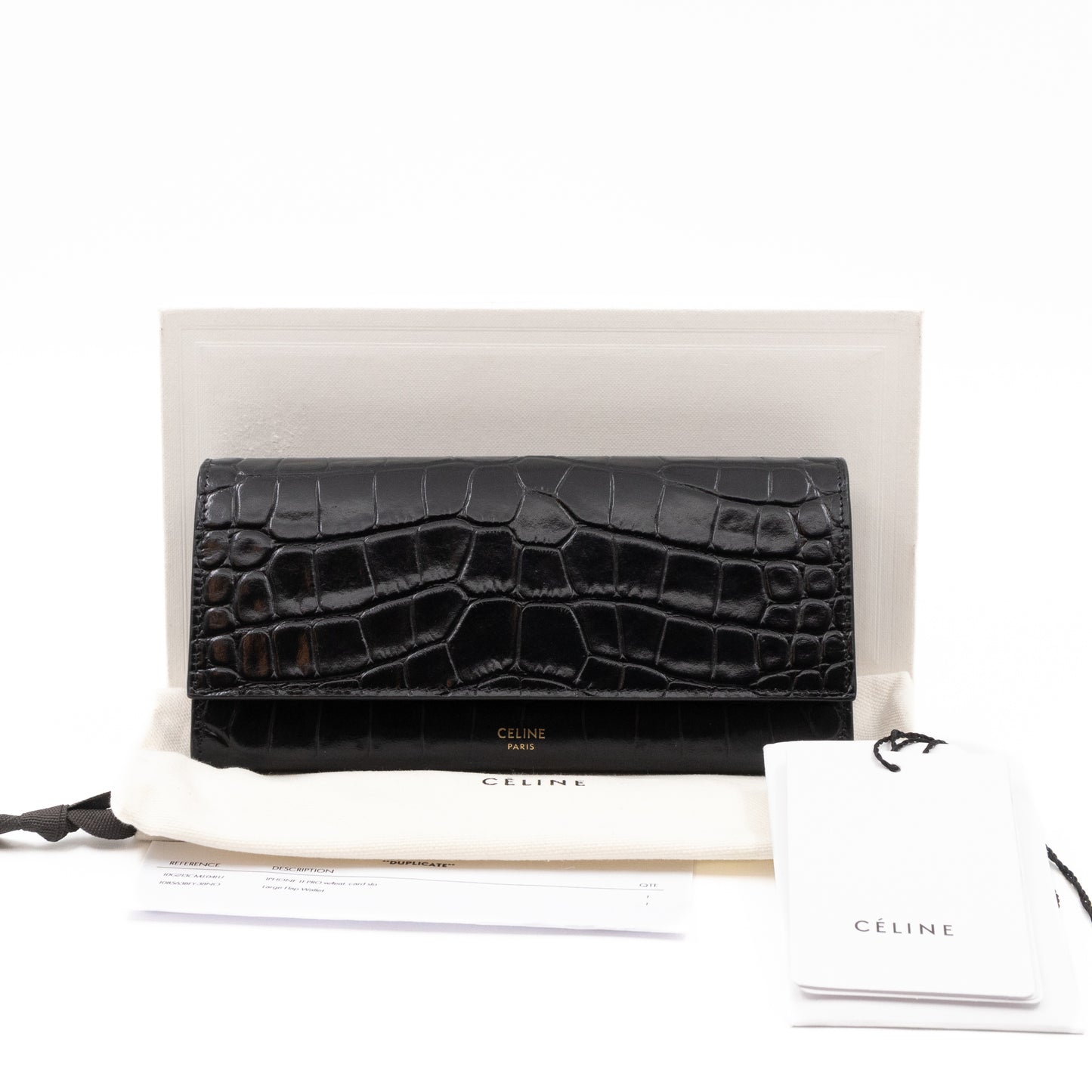 Flap Wallet Large Black Croc Embossed Leather