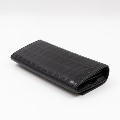 Flap Wallet Large Black Croc Embossed Leather