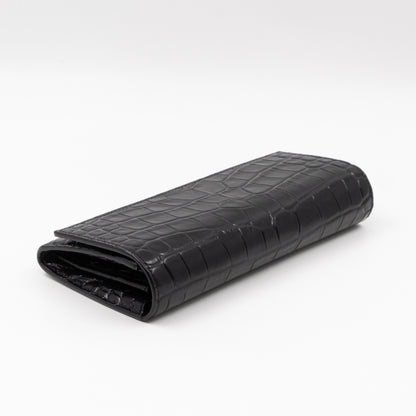 Flap Wallet Large Black Croc Embossed Leather