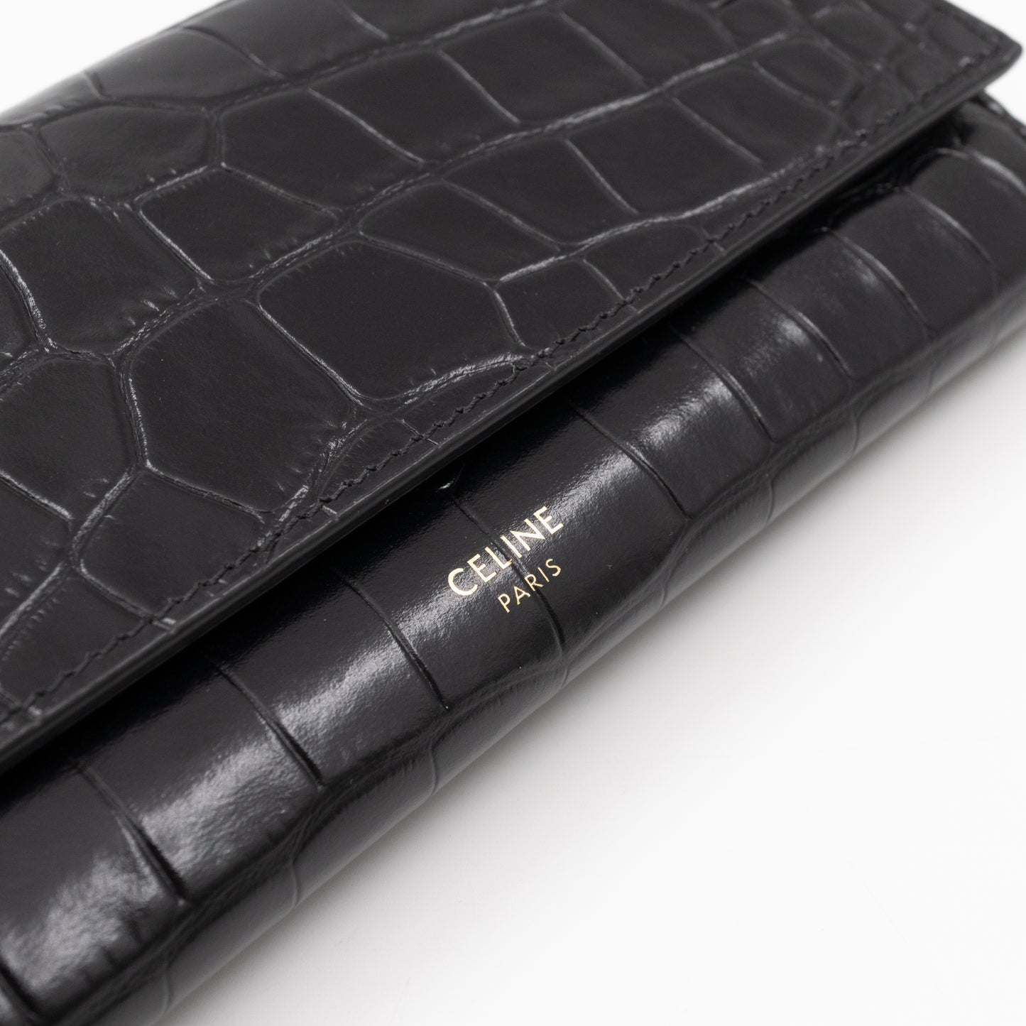 Flap Wallet Large Black Croc Embossed Leather