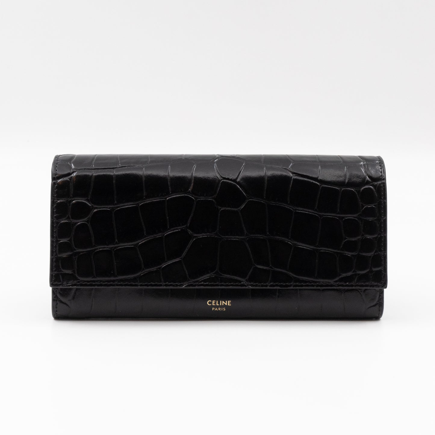 Flap Wallet Large Black Croc Embossed Leather