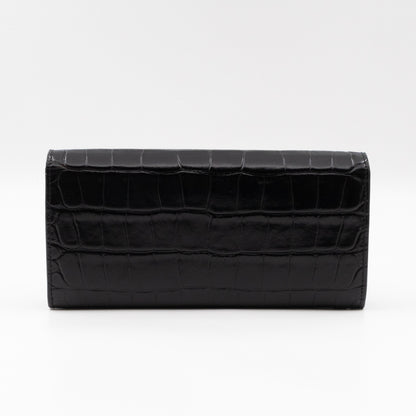 Flap Wallet Large Black Croc Embossed Leather