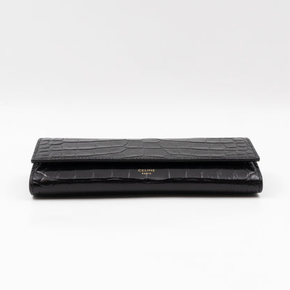 Flap Wallet Large Black Croc Embossed Leather