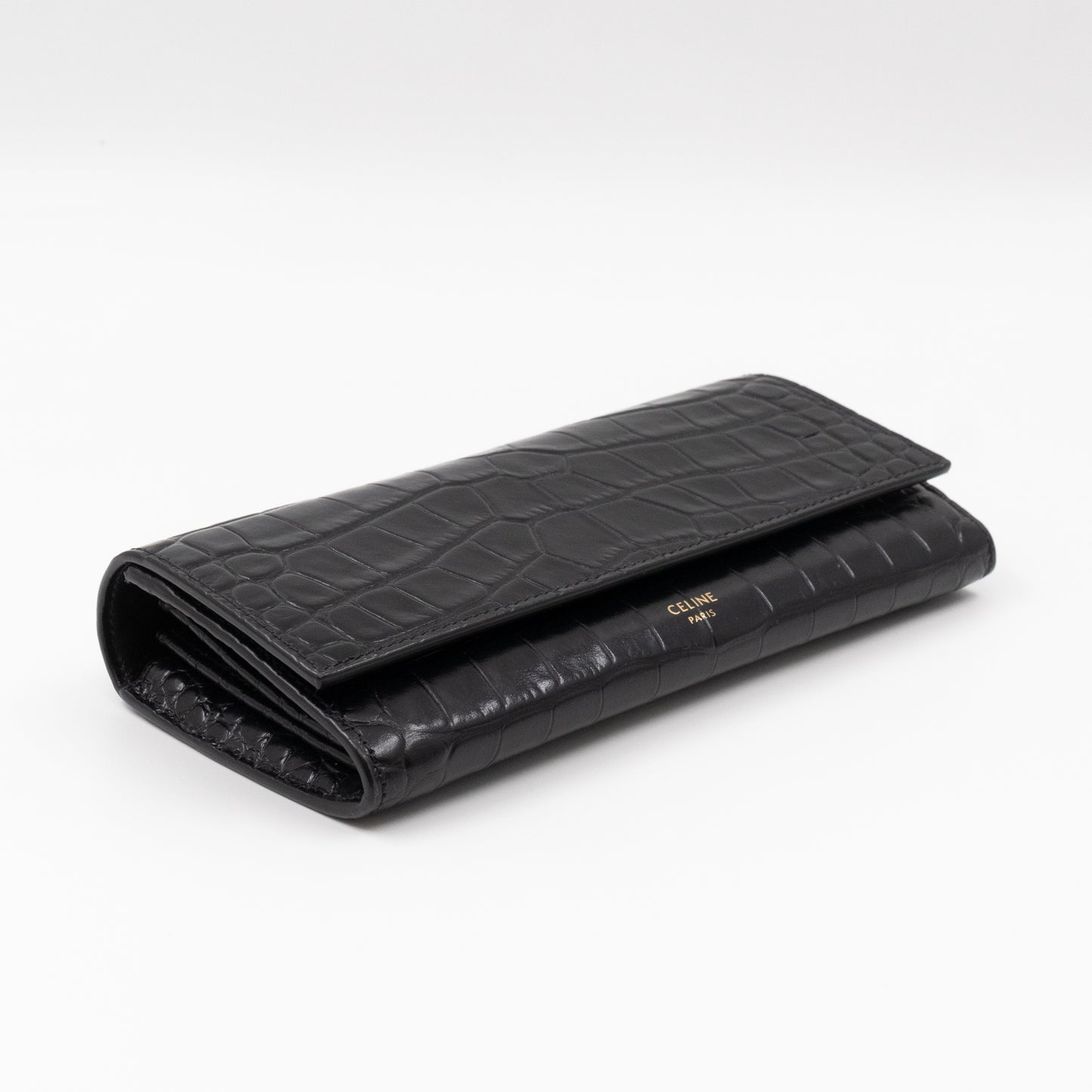 Flap Wallet Large Black Croc Embossed Leather