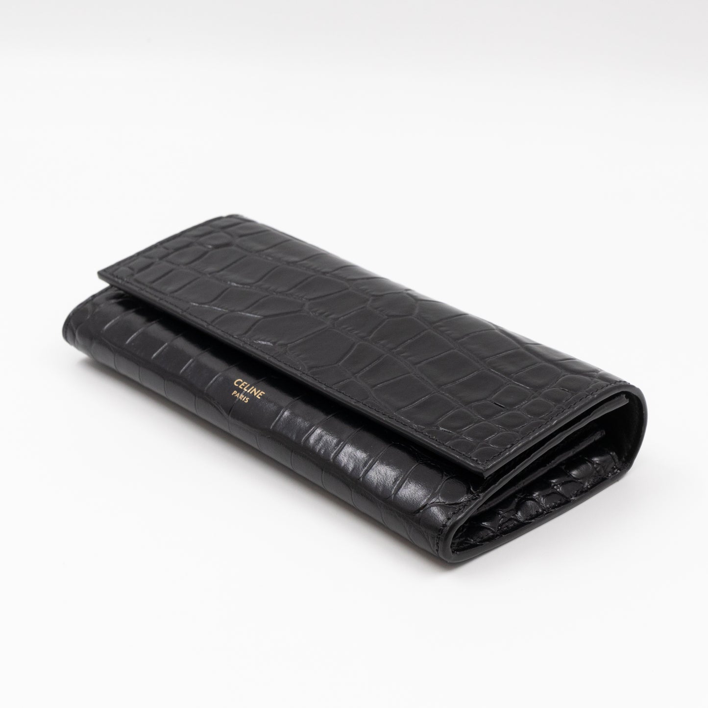 Flap Wallet Large Black Croc Embossed Leather