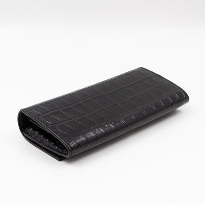 Flap Wallet Large Black Croc Embossed Leather