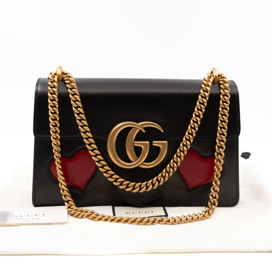 GG Marmont Medium Malaga Kid Heart Chain Bag Black Leather