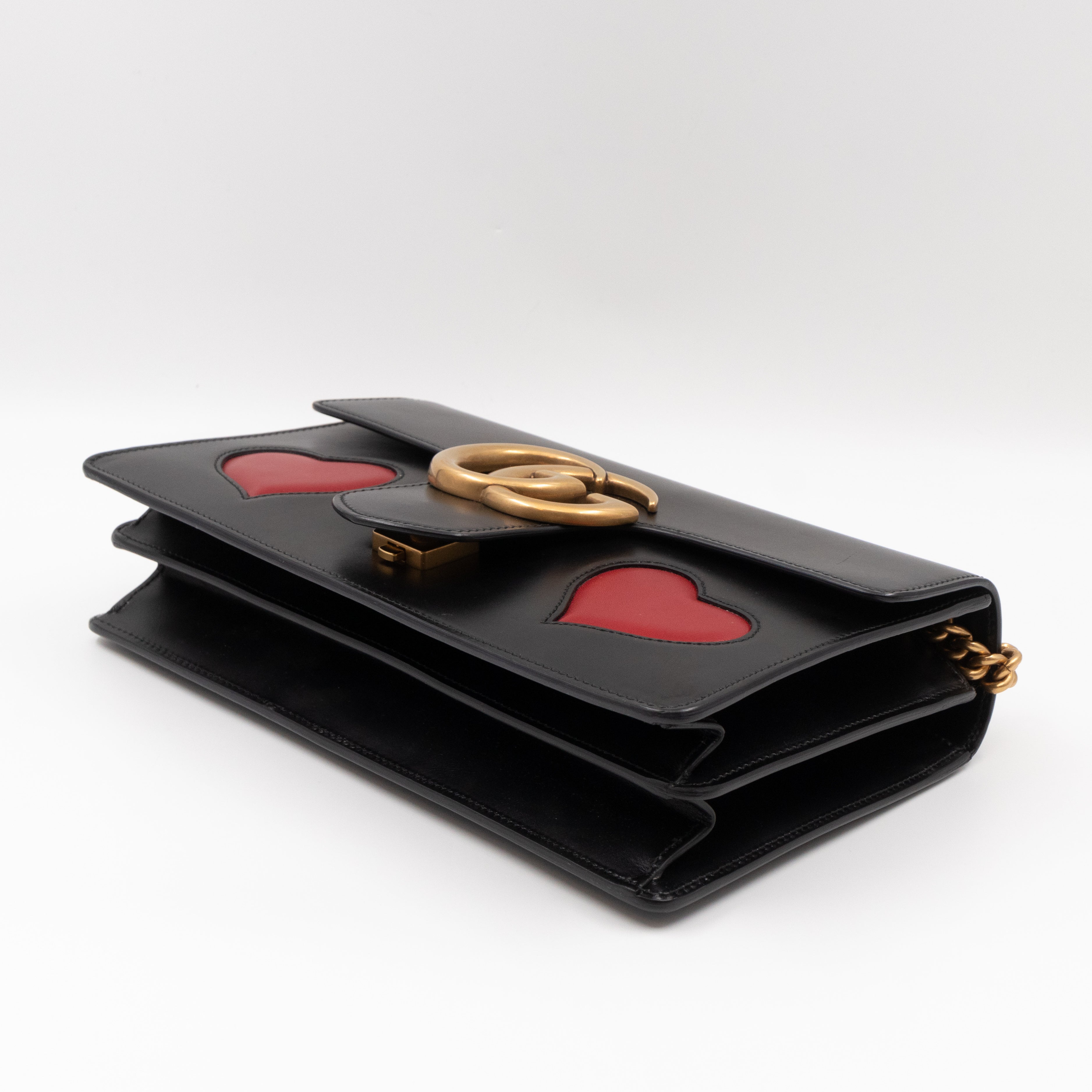 GG Marmont Medium Malaga Kid Heart Chain Bag Black Leather