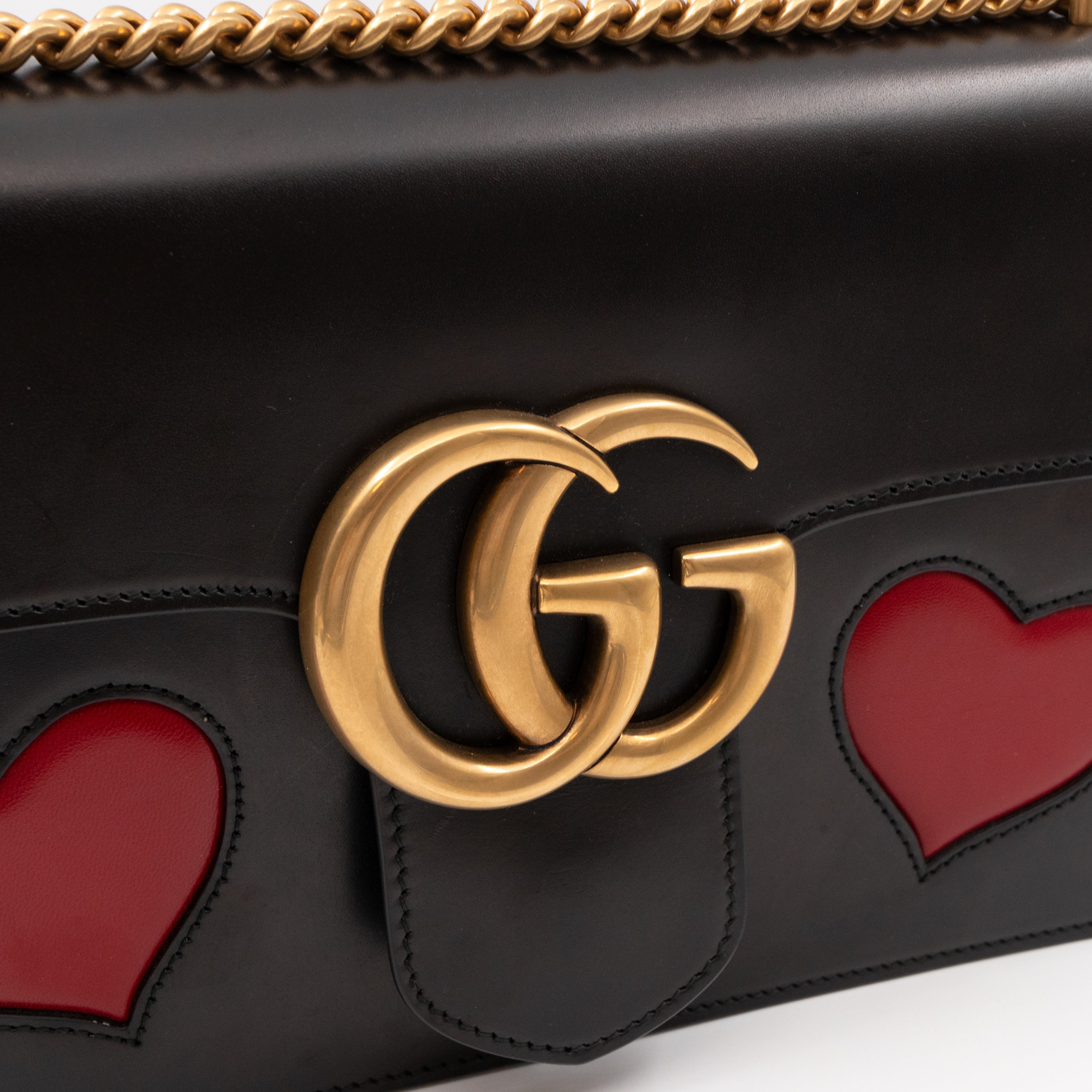 GG Marmont Medium Malaga Kid Heart Chain Bag Black Leather