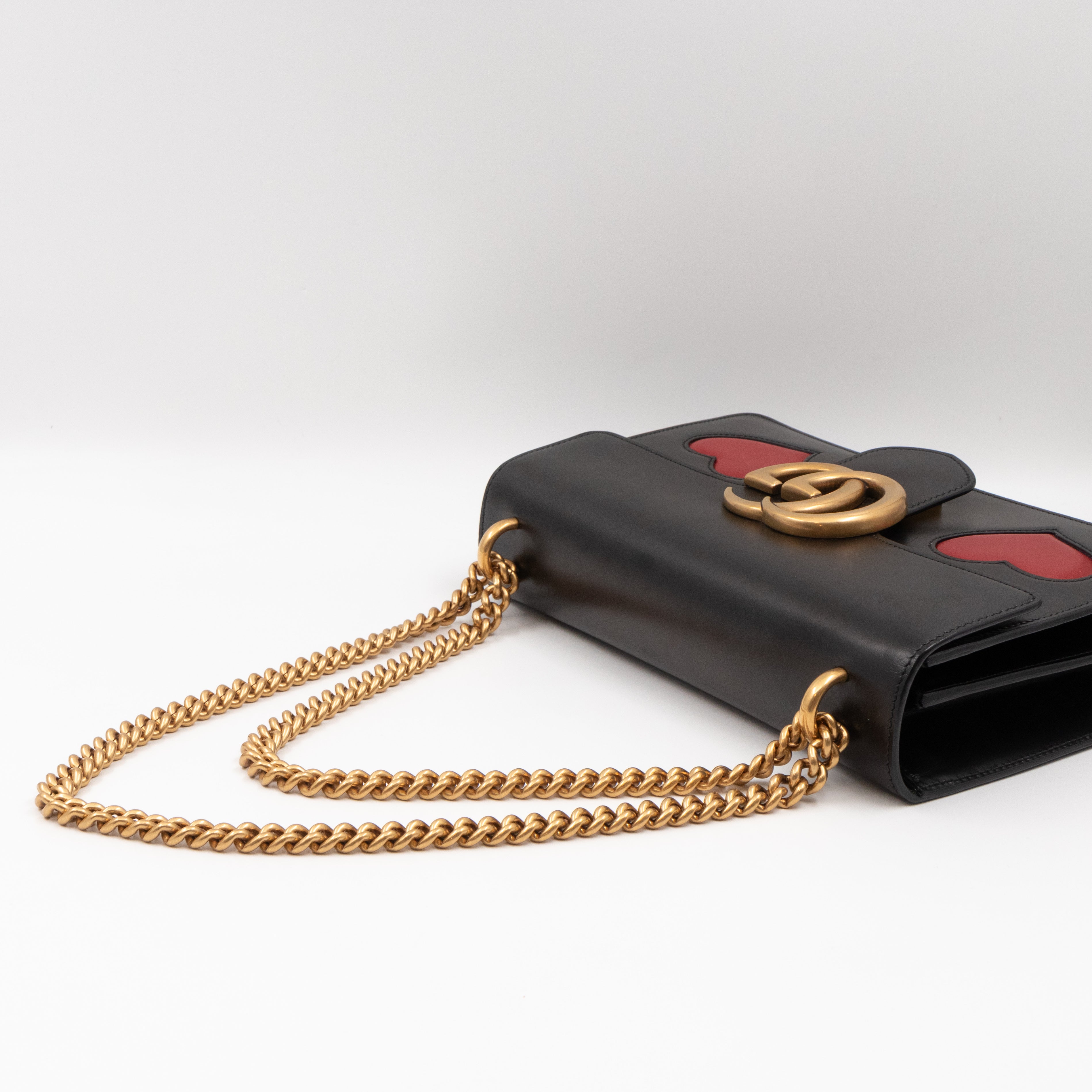 GG Marmont Medium Malaga Kid Heart Chain Bag Black Leather
