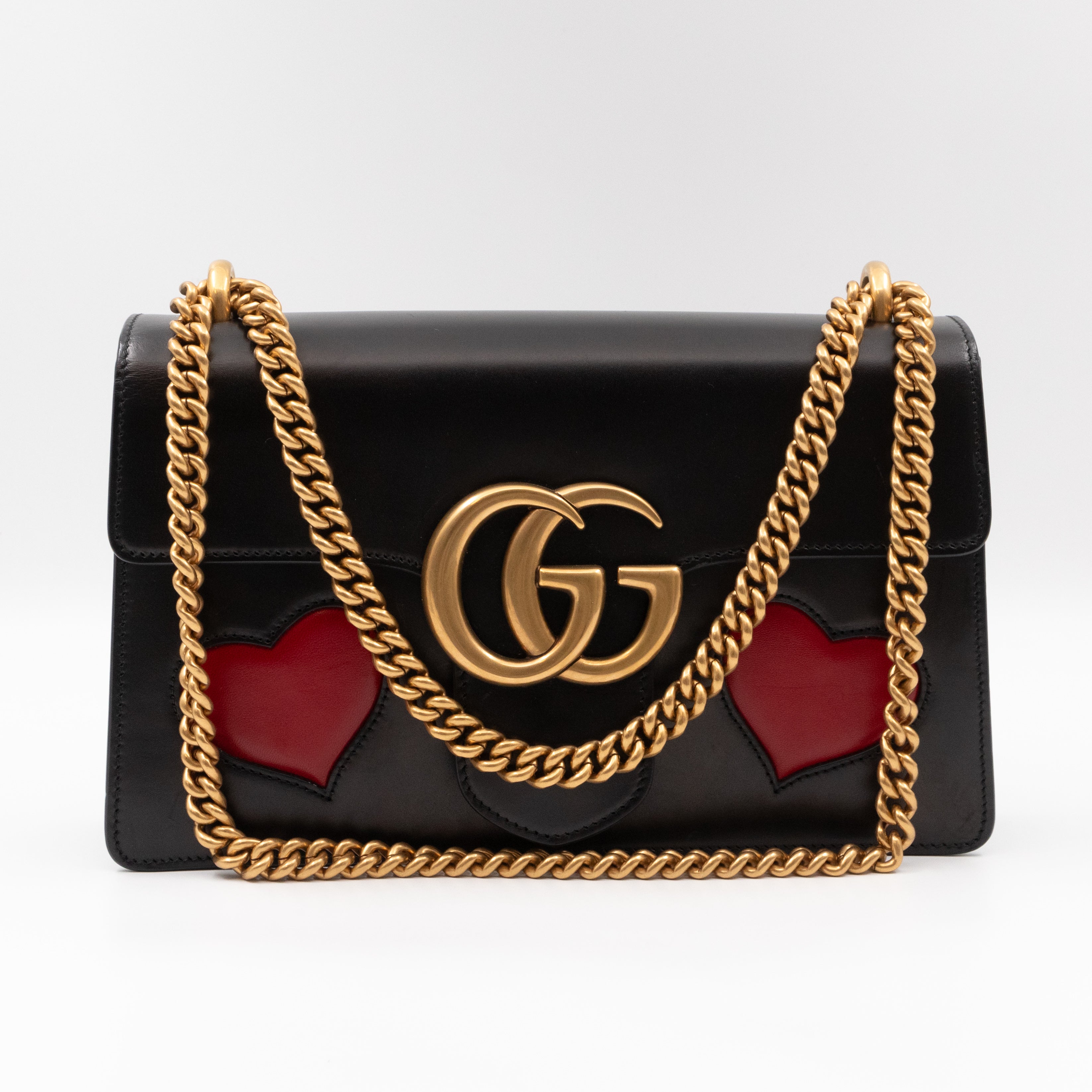 GG Marmont Medium Malaga Kid Heart Chain Bag Black Leather
