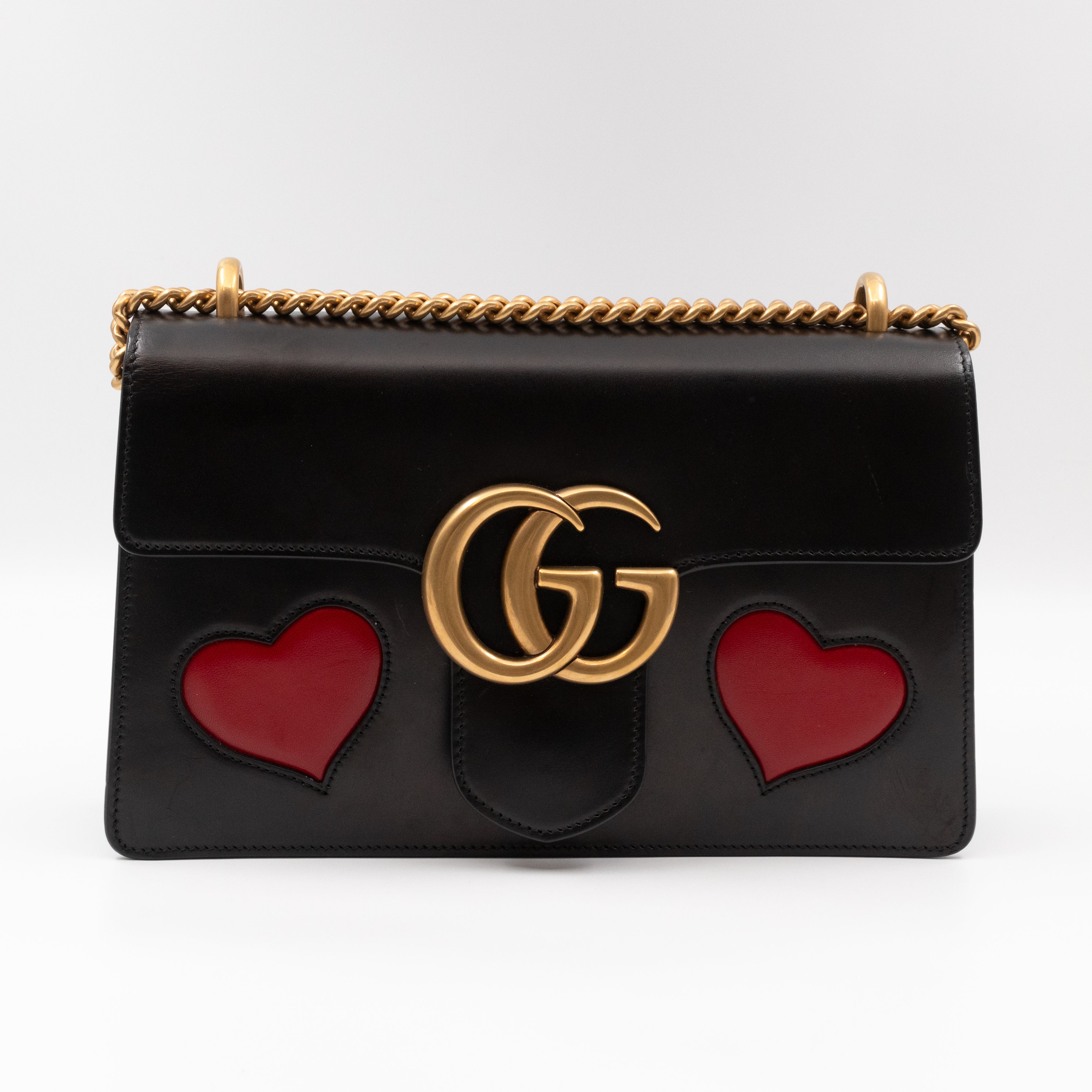 GG Marmont Medium Malaga Kid Heart Chain Bag Black Leather