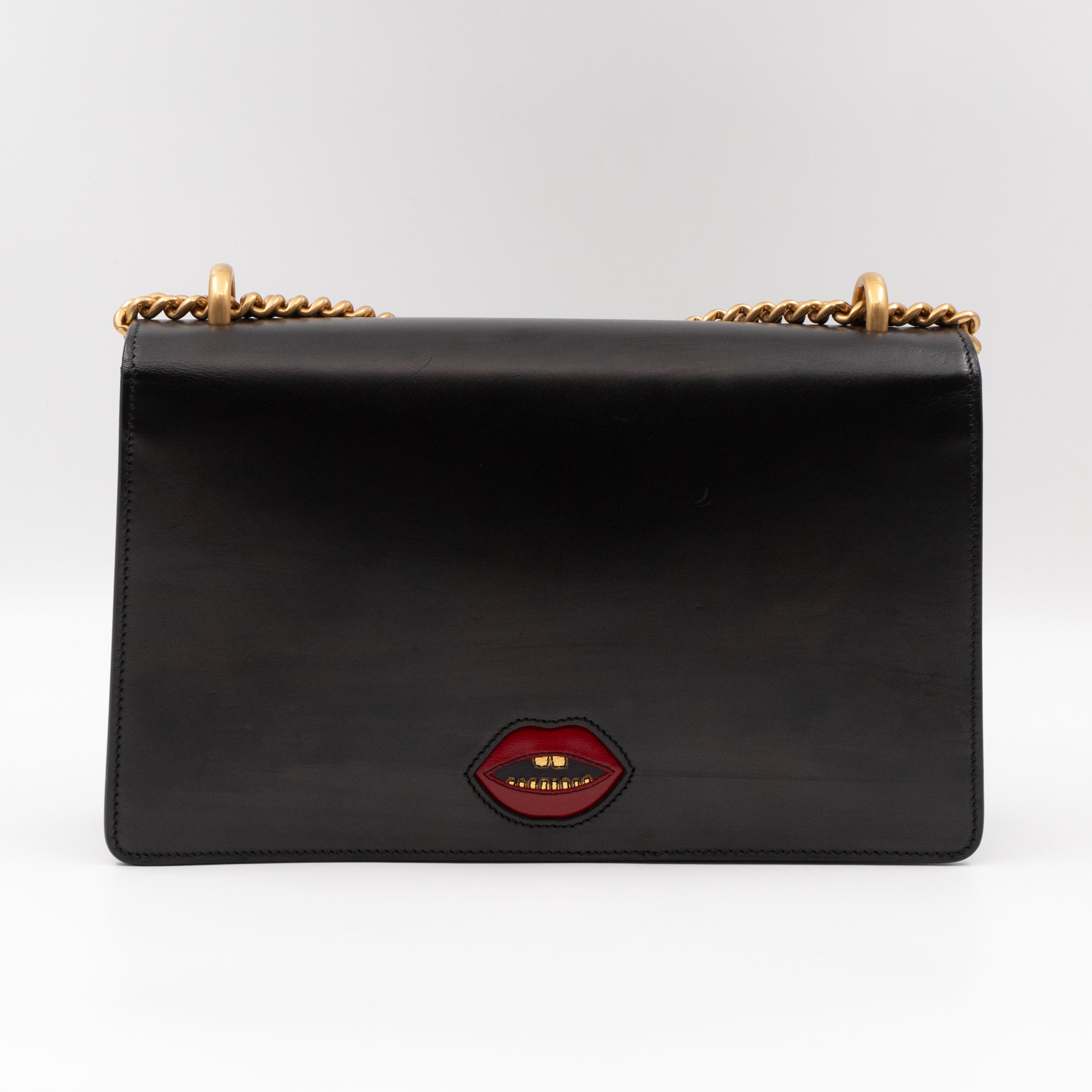 GG Marmont Medium Malaga Kid Heart Chain Bag Black Leather