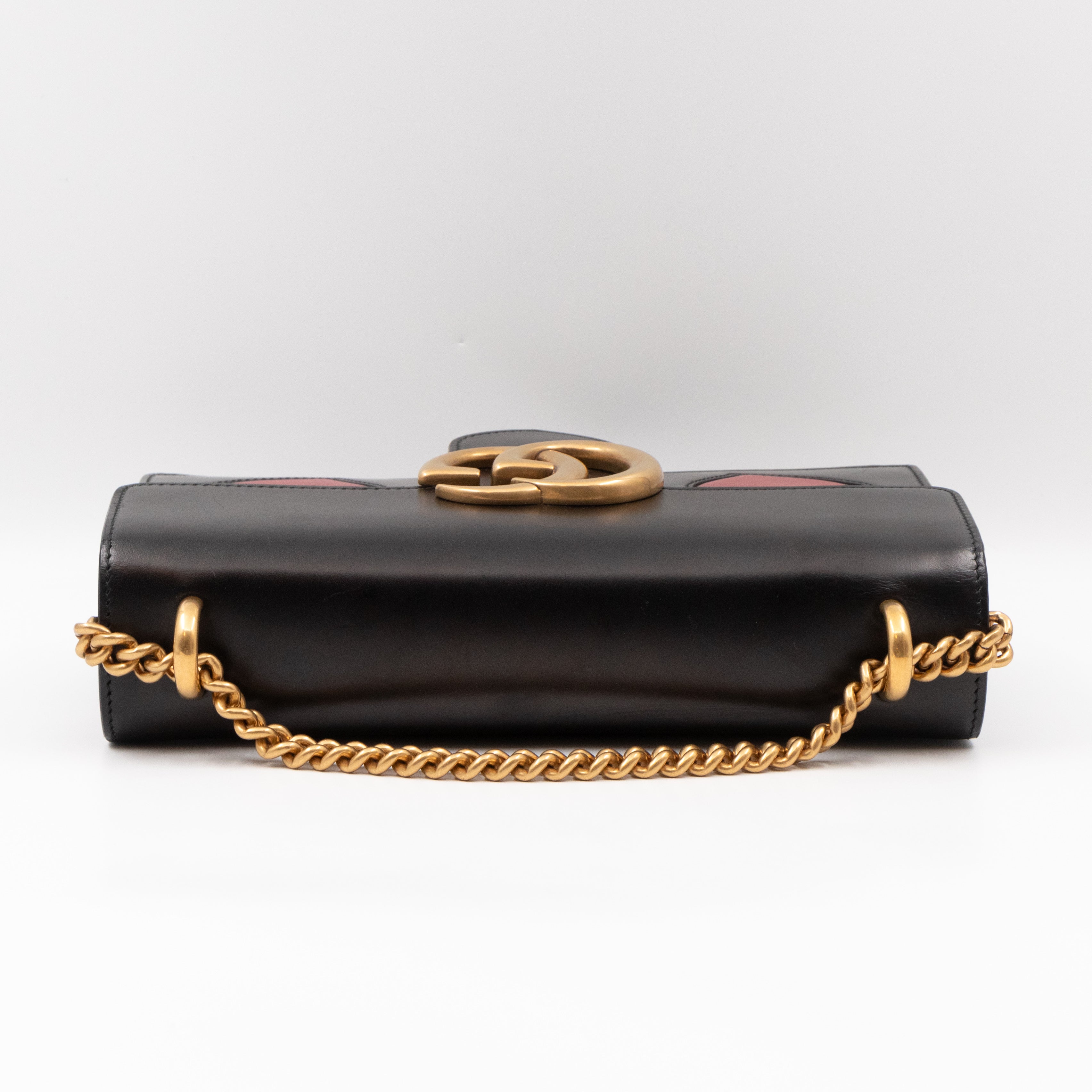 GG Marmont Medium Malaga Kid Heart Chain Bag Black Leather