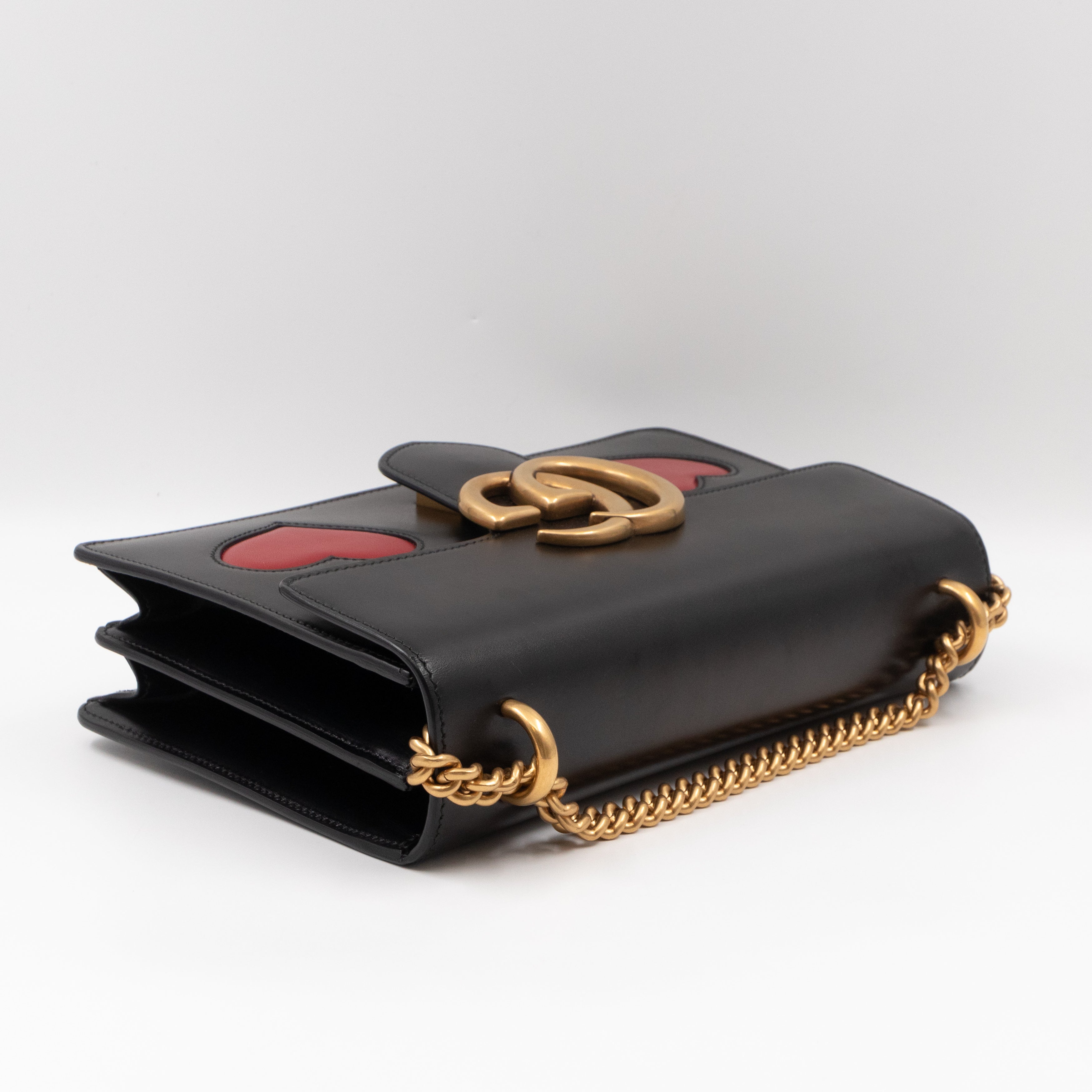GG Marmont Medium Malaga Kid Heart Chain Bag Black Leather