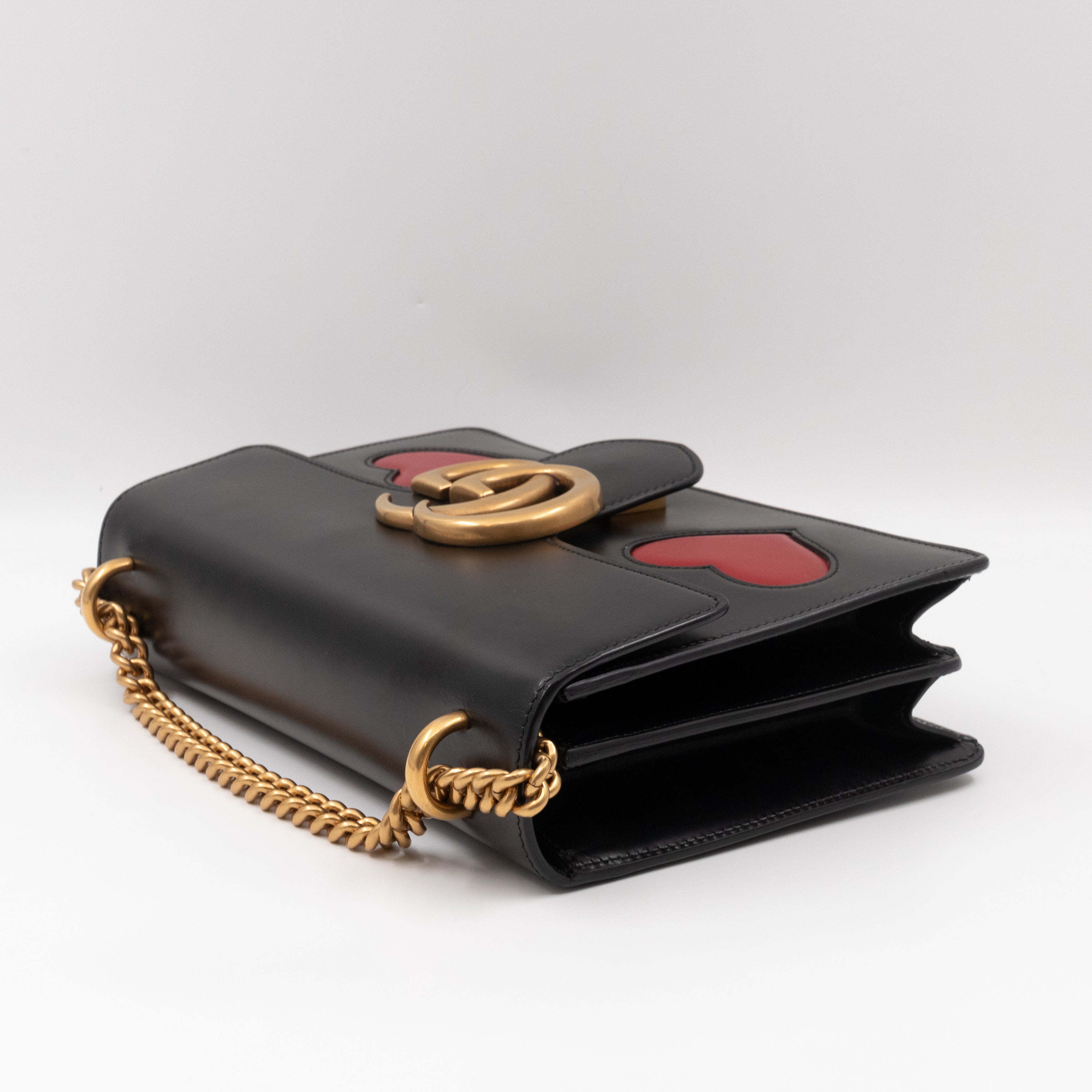 GG Marmont Medium Malaga Kid Heart Chain Bag Black Leather