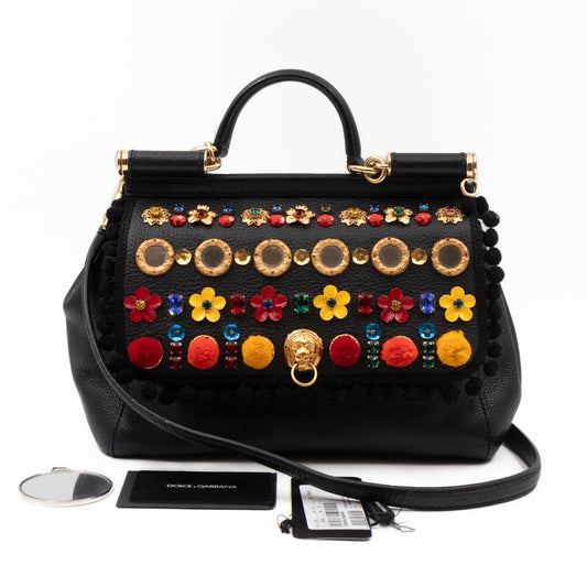 Sicily Medium Black Embellished Leather