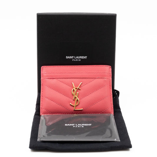 YSL Cassandre Card Holder Pink Grained Leather