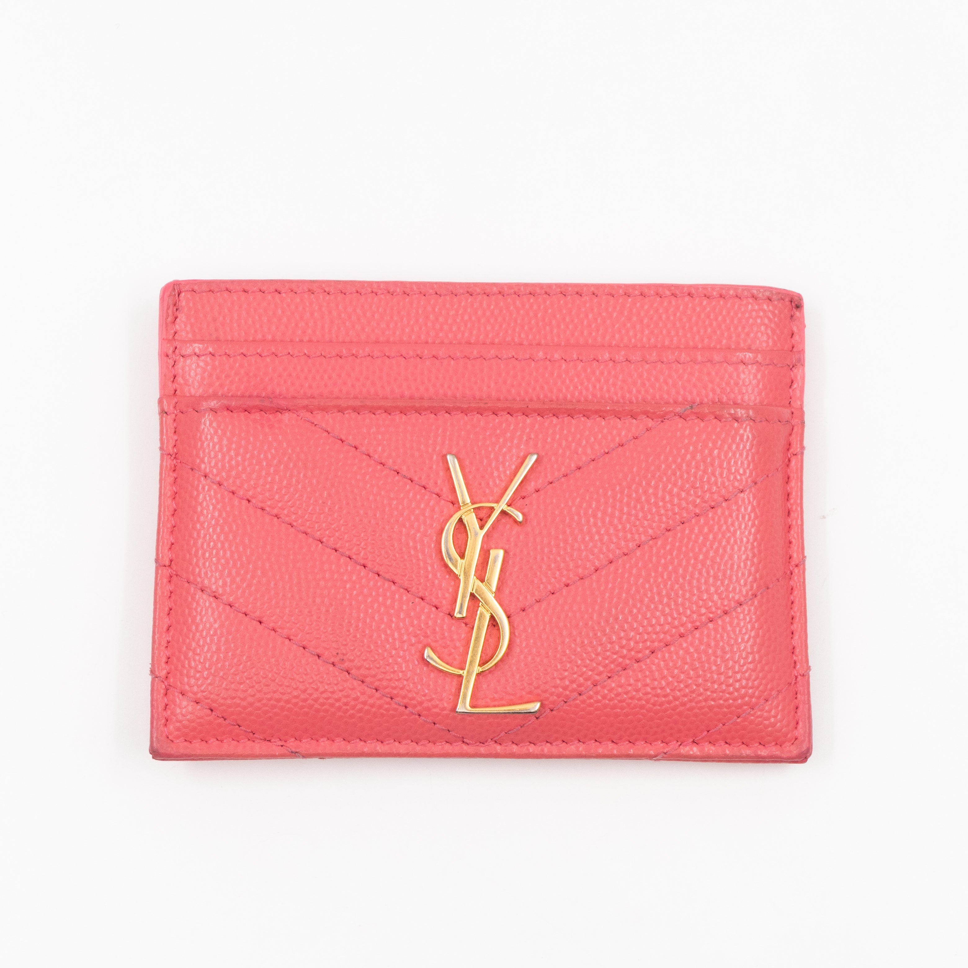YSL Cassandre Card Holder Pink Grained Leather