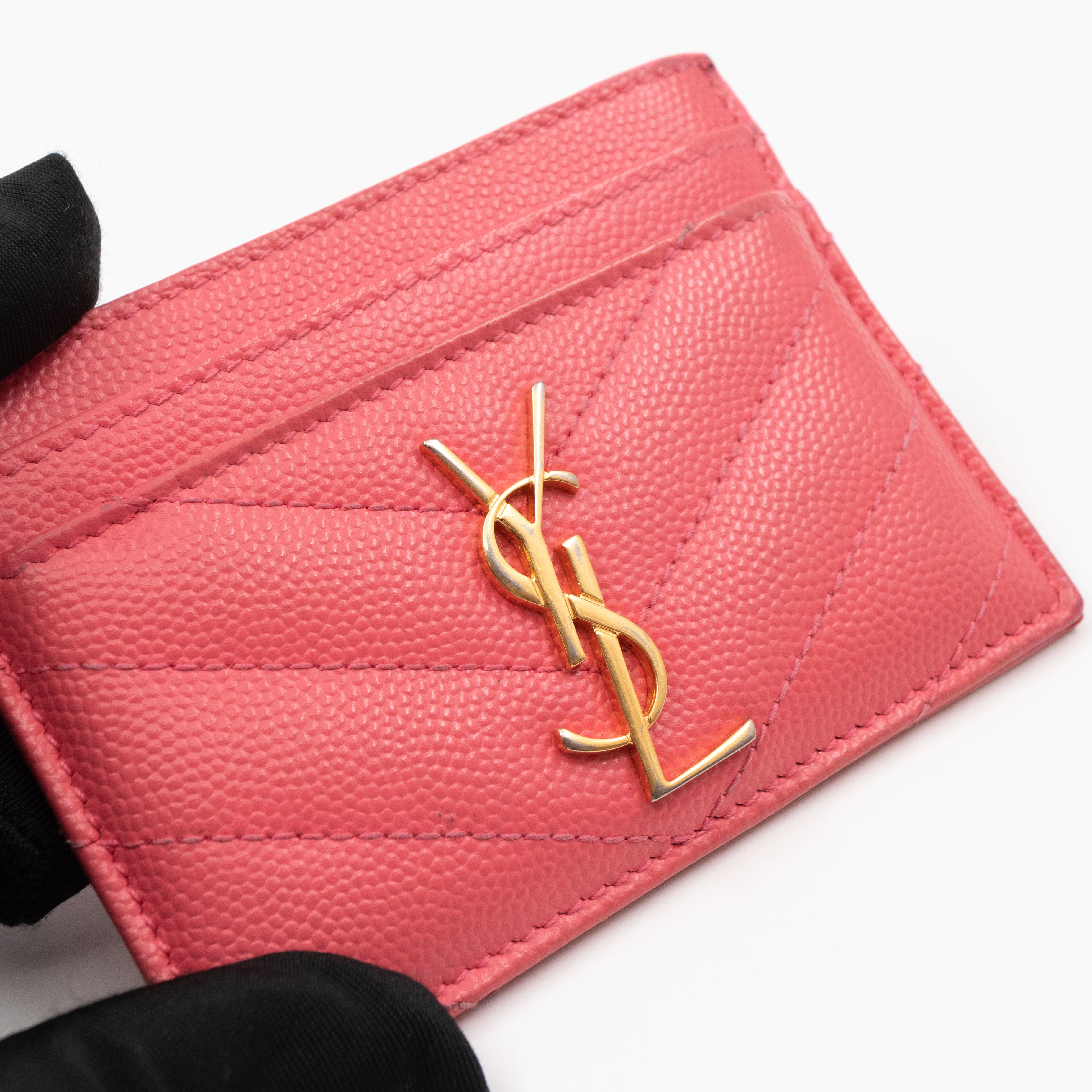 YSL Cassandre Card Holder Pink Grained Leather