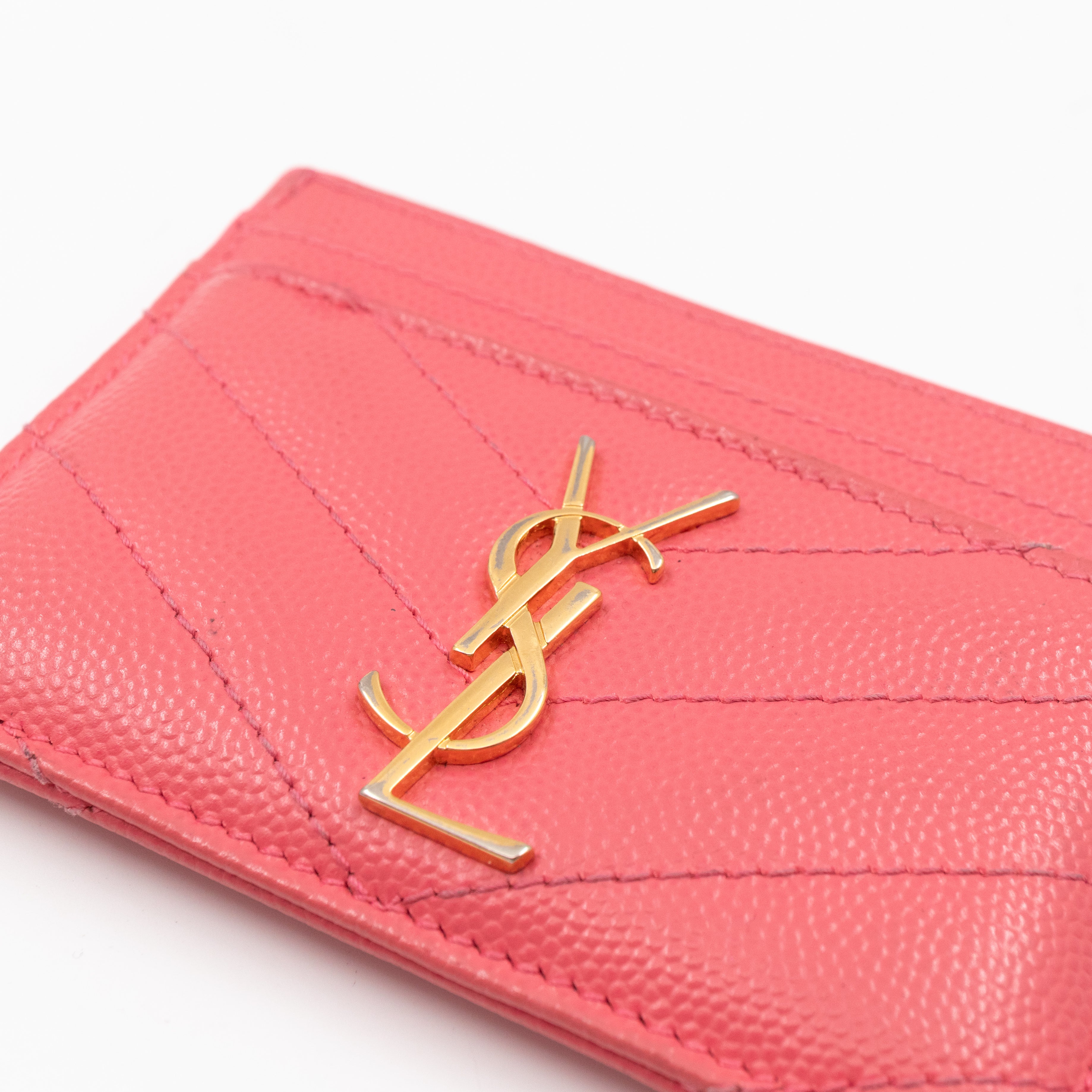 YSL Cassandre Card Holder Pink Grained Leather