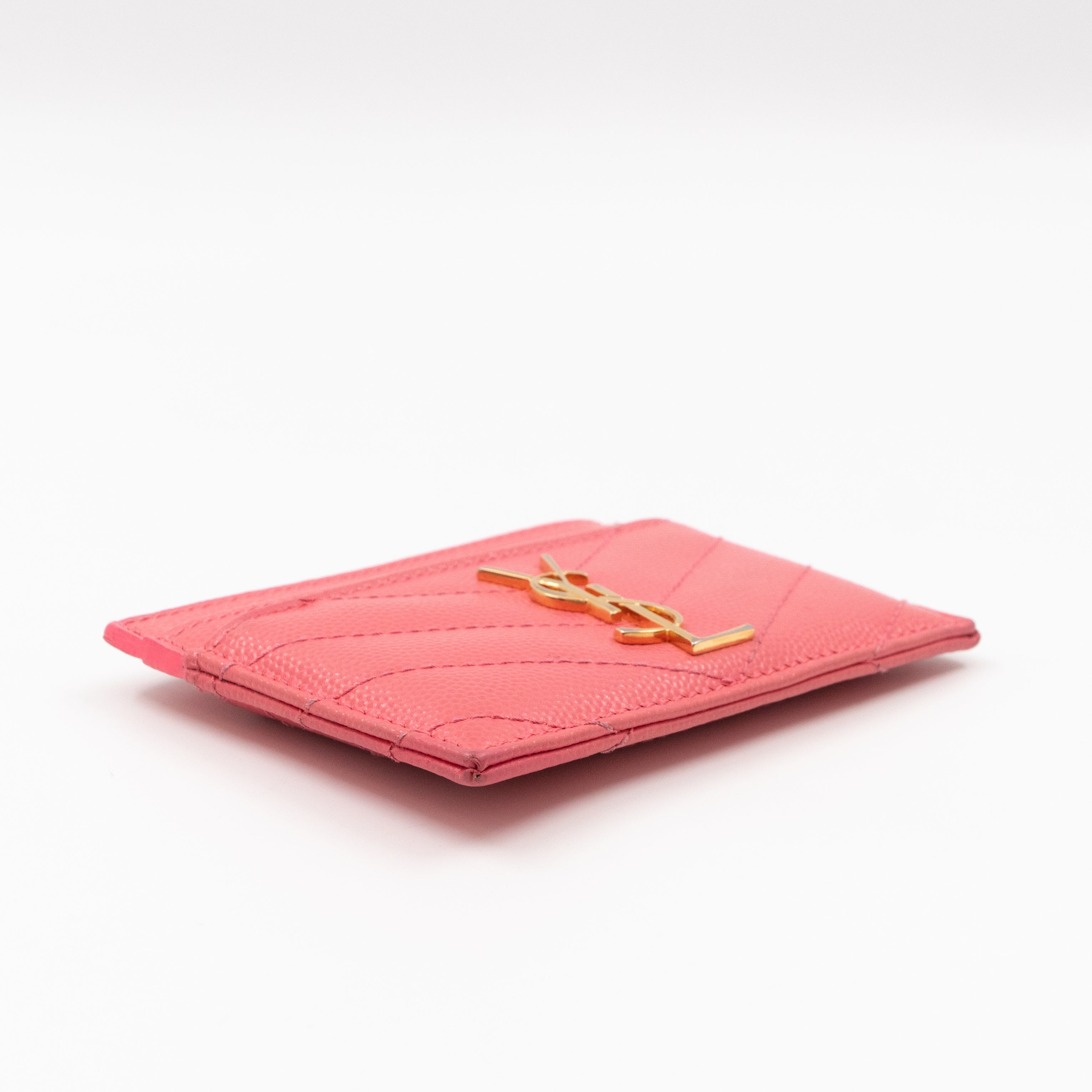 YSL Cassandre Card Holder Pink Grained Leather