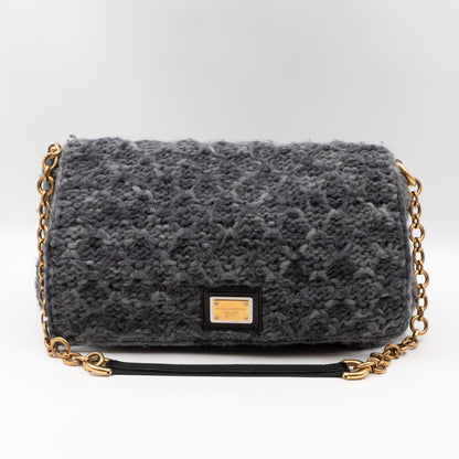 Flap Shoulder Bag Grey Knitted Wool Gold