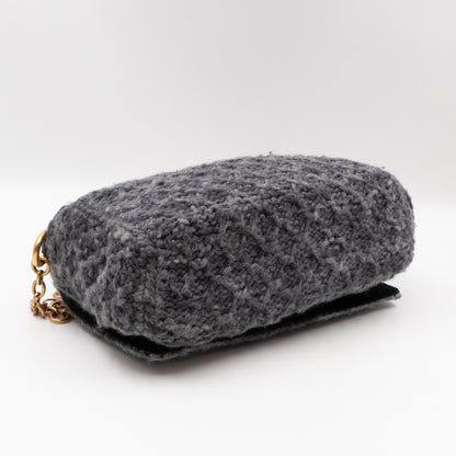 Flap Shoulder Bag Grey Knitted Wool Gold