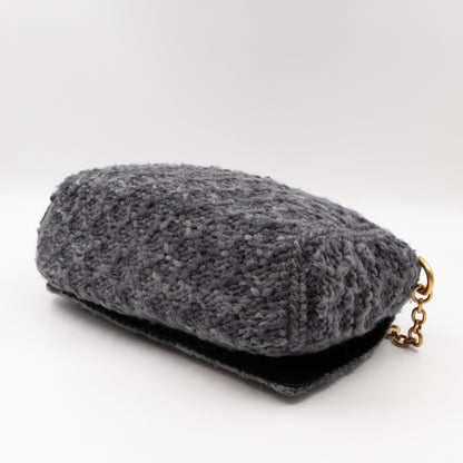 Flap Shoulder Bag Grey Knitted Wool Gold