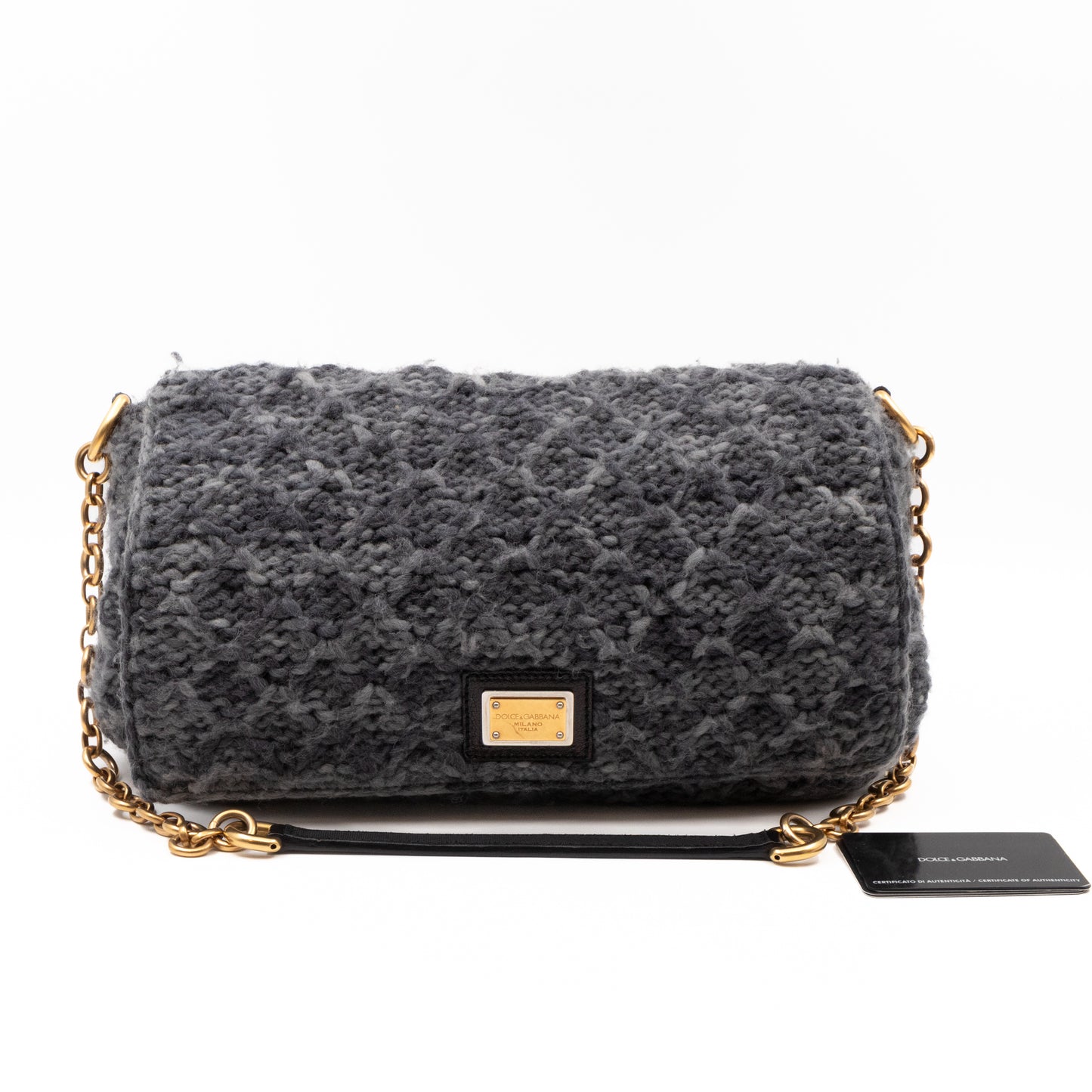 Flap Shoulder Bag Grey Knitted Wool Gold