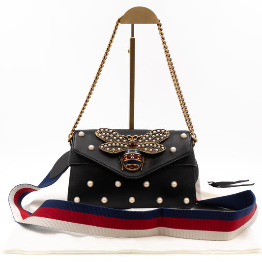 Broadway Pearl Studded Mini Queen Margaret Bee Bag Black Nappa Leather