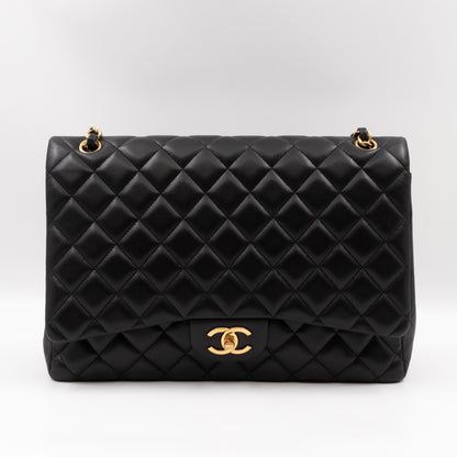 Classic Double Flap Maxi Black Lambskin Leather Gold