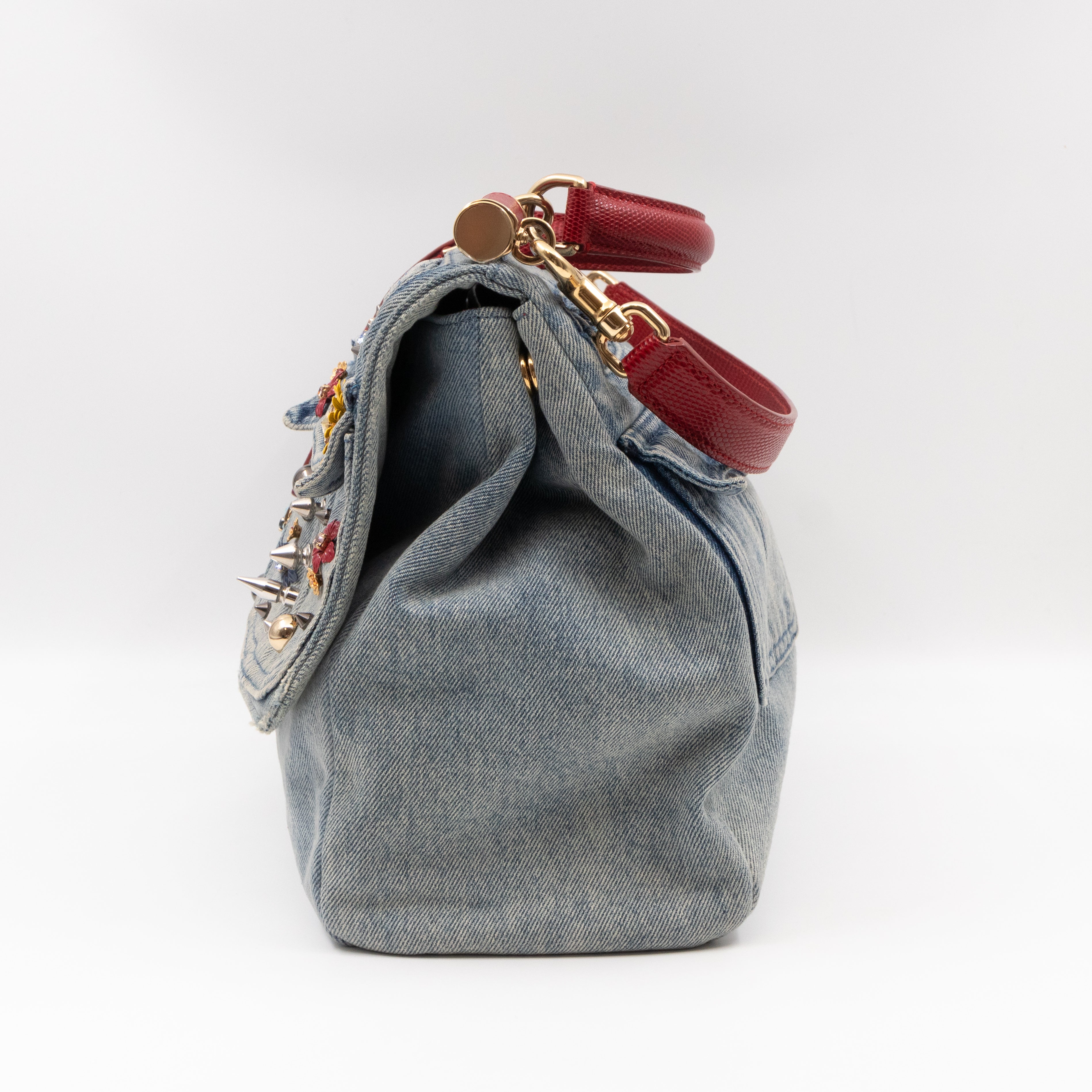 Sicily Large Crystal Embellished Blue Denim Red Lizard
