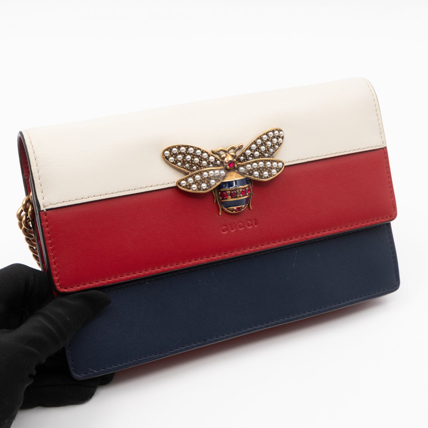 Queen Margaret Bee Wallet on Chain Blue & Red & White Leather