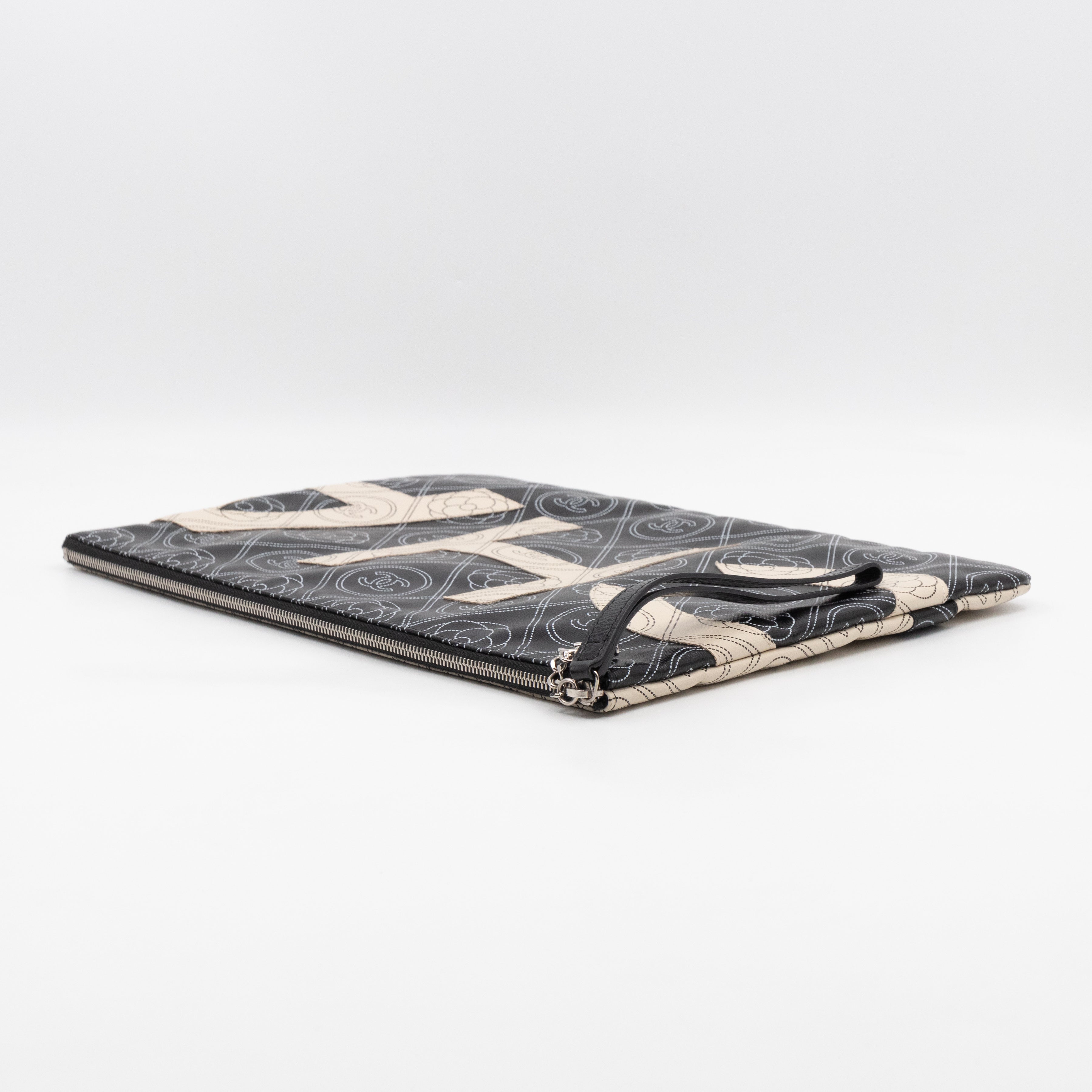 Large O-Pouch CC Camellia Black & White Coated Canvas