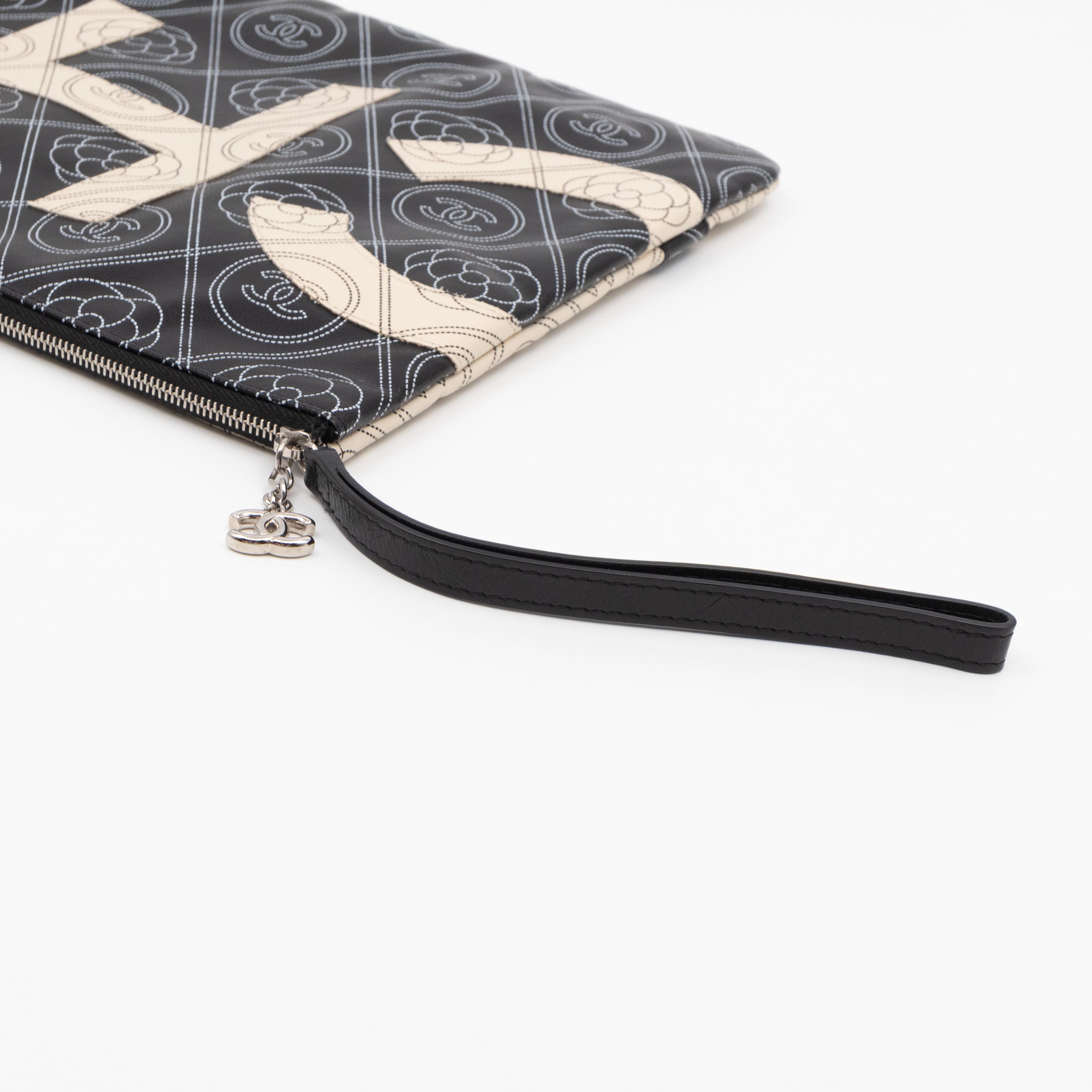 Large O-Pouch CC Camellia Black & White Coated Canvas