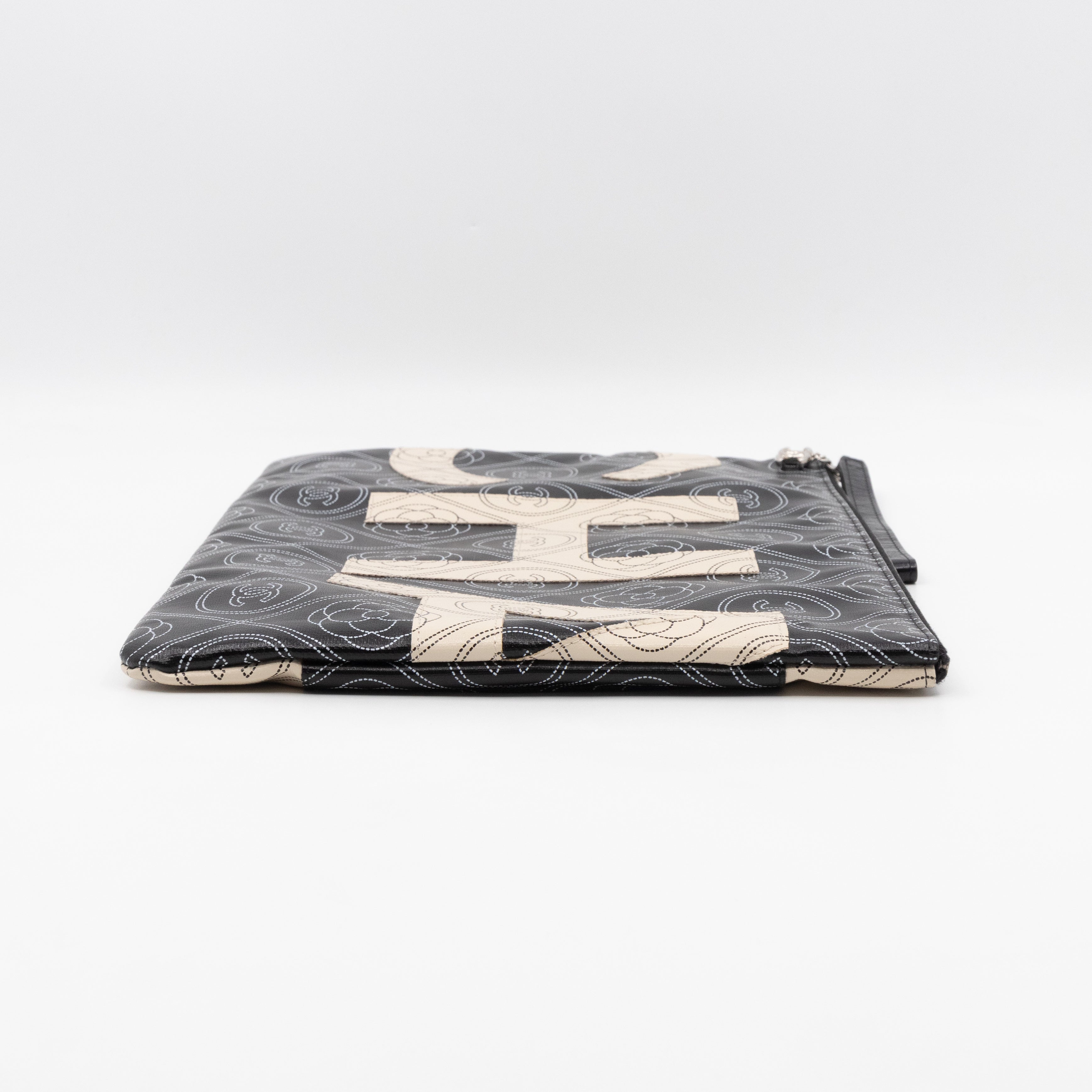 Large O-Pouch CC Camellia Black & White Coated Canvas