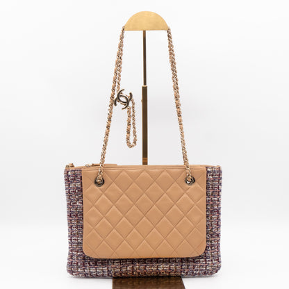 Matelasse Double Pouch With Strap Beige Leather & Tweed