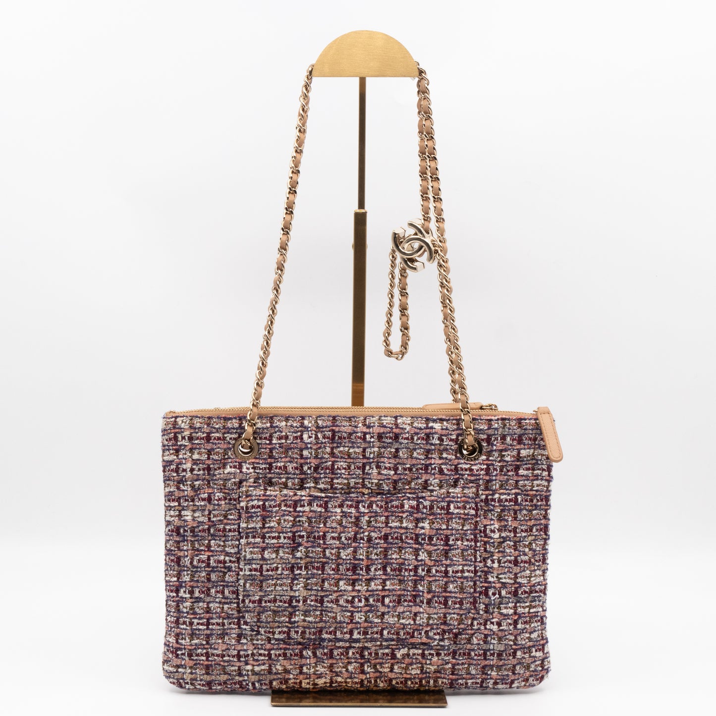 Matelasse Double Pouch With Strap Beige Leather & Tweed