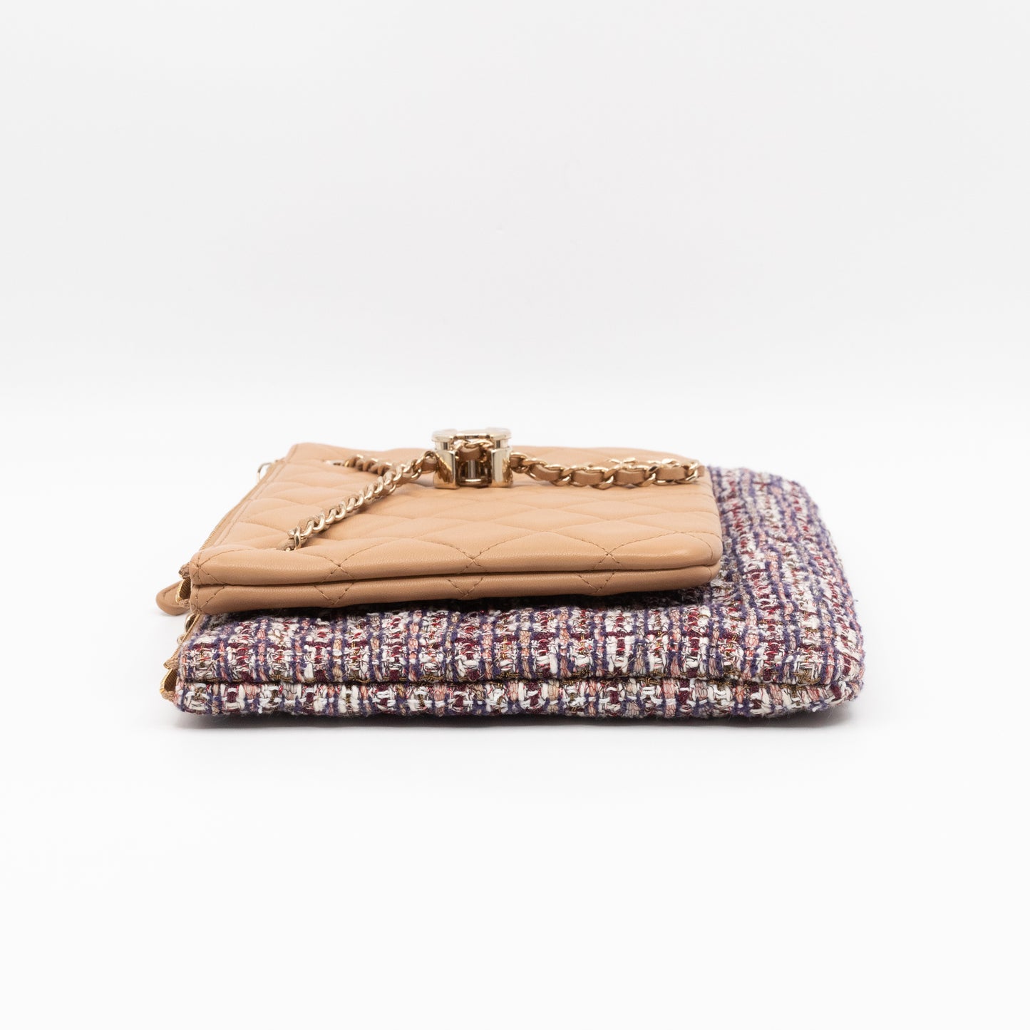 Matelasse Double Pouch With Strap Beige Leather & Tweed