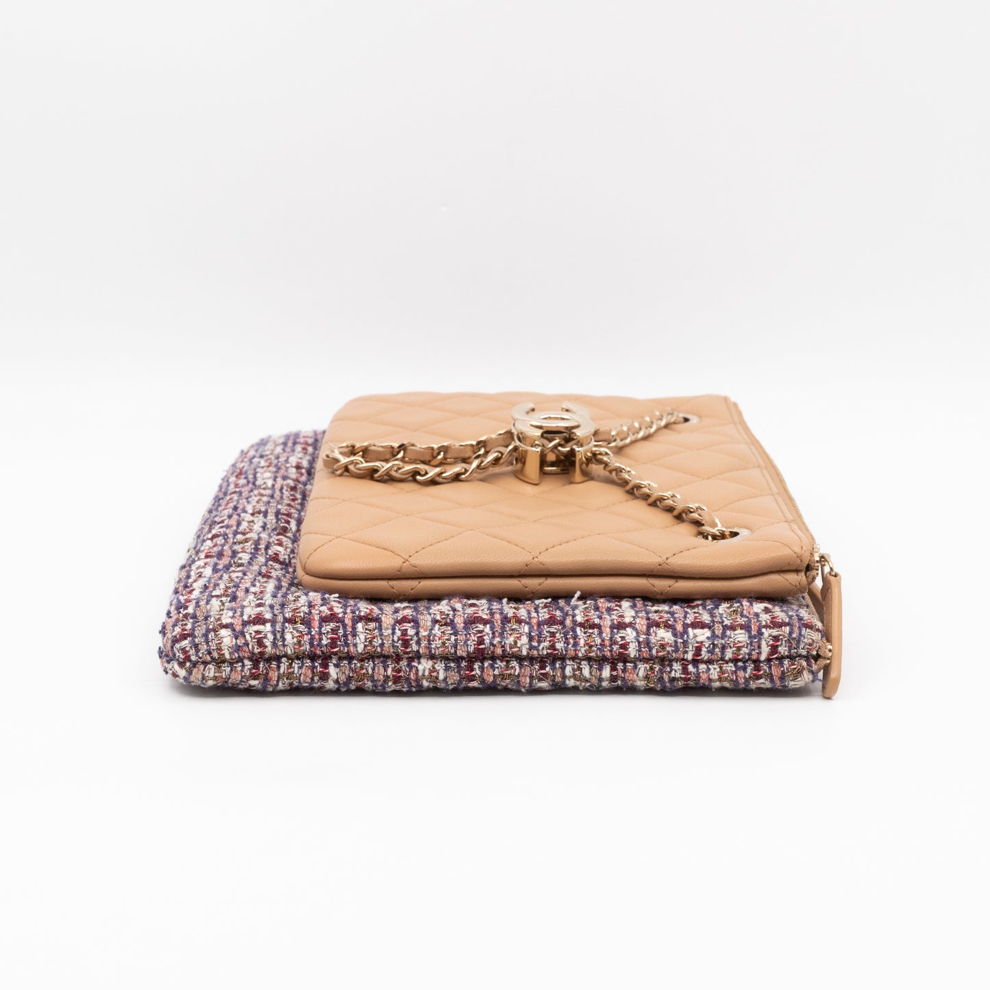 Matelasse Double Pouch With Strap Beige Leather & Tweed