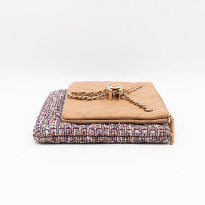 Matelasse Double Pouch With Strap Beige Leather & Tweed