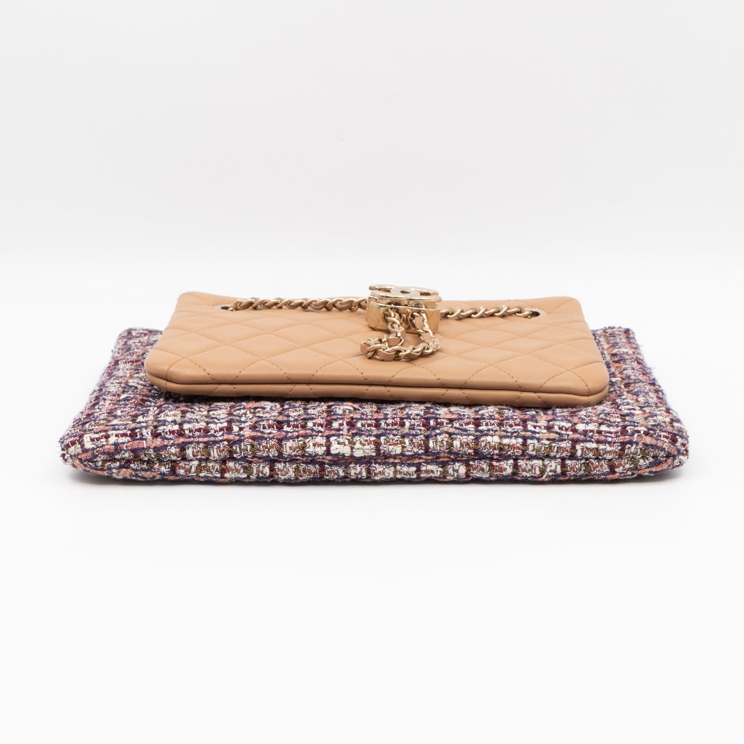 Matelasse Double Pouch With Strap Beige Leather & Tweed