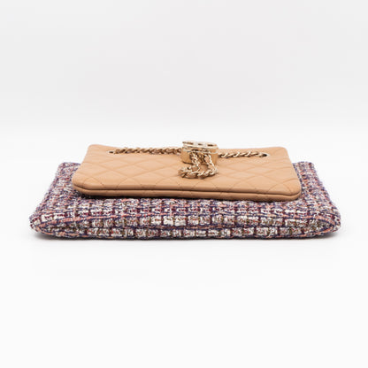 Matelasse Double Pouch With Strap Beige Leather & Tweed